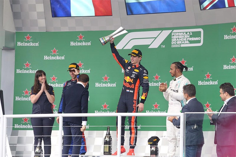 Verstappen on the podium after winning the 2019 Brazilian Grand Prix