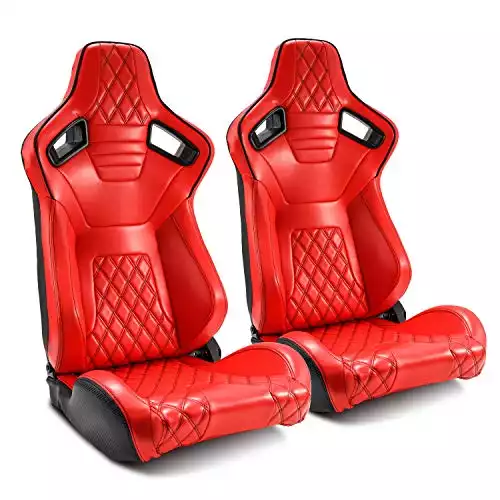 ModifyStreet 1 Pair Universal Red +Rear Black Carbon Fiber Style PVC Leather Reclinable Racing Bucket Seats